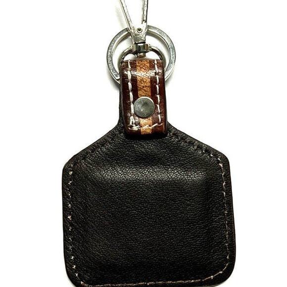 Western Black White Cow Tooled Leather Cattle Tag Key Chain Bag Charm - Picture 2 of 2